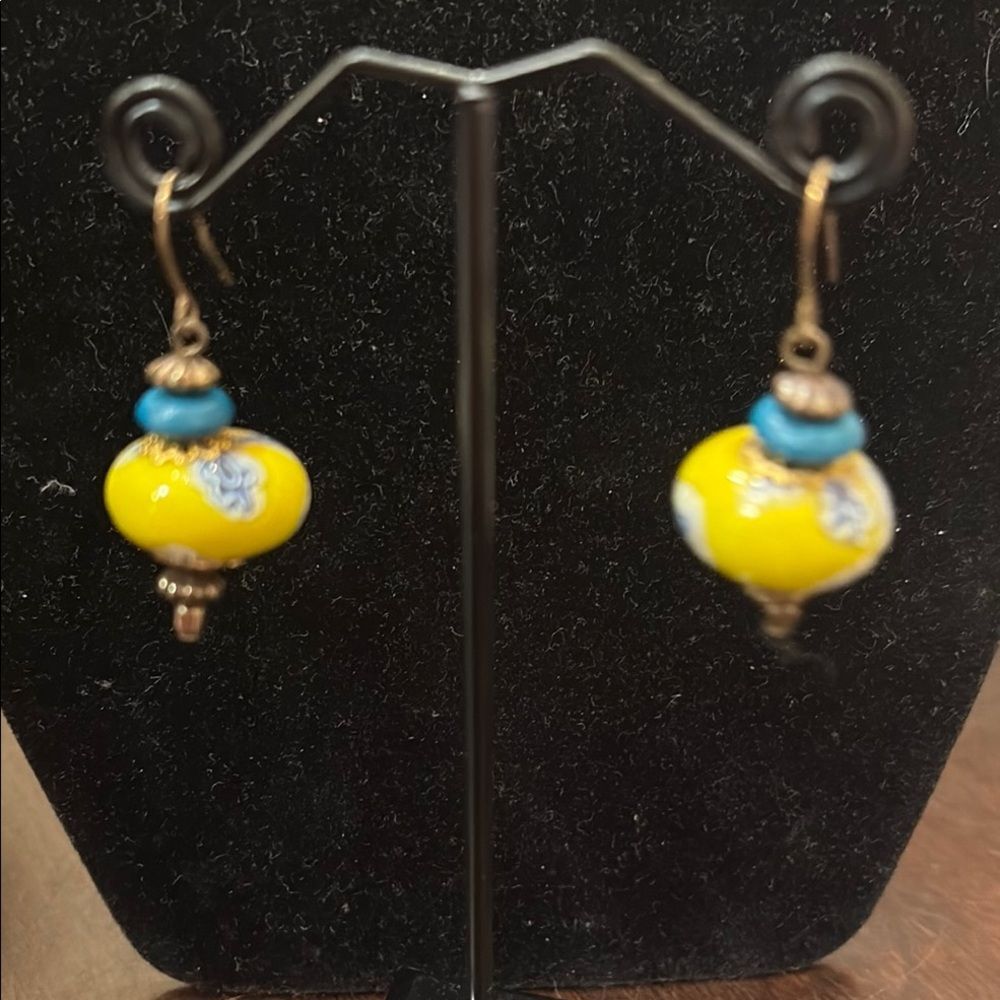 Yellow and Blue Glass Beaded Earrings